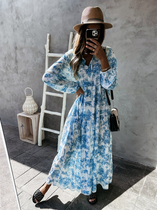Women’s Fashion Print Ruffle Neck Long Sleeve Resort Dress - Green / S