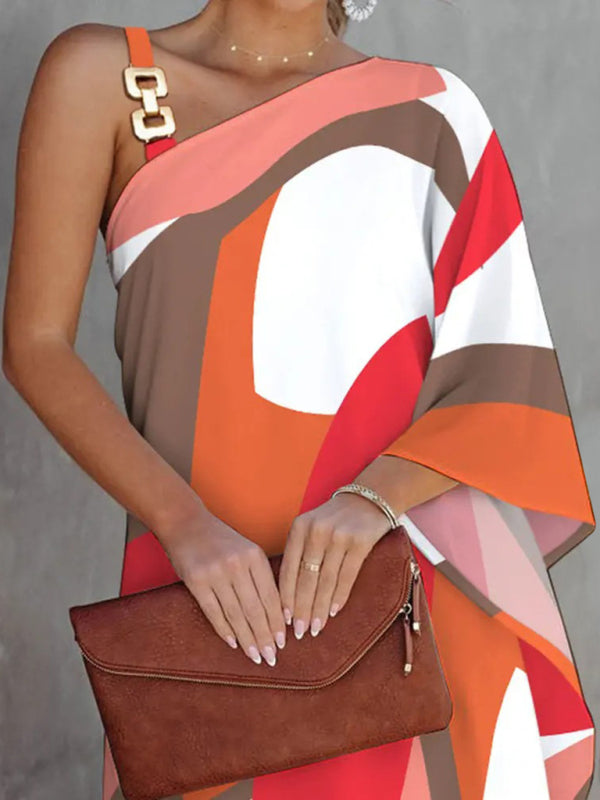 Women’s Fashion Print Sexy Diagonal Neck Strapless Dress