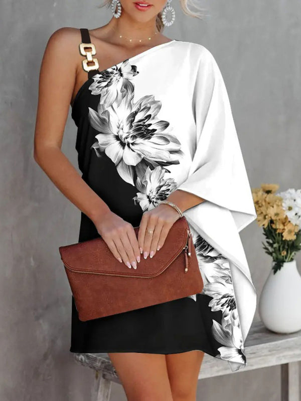 Women’s Fashion Print Sexy Diagonal Neck Strapless Dress