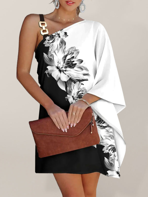 Women’s Fashion Print Sexy Diagonal Neck Strapless Dress - Black / S