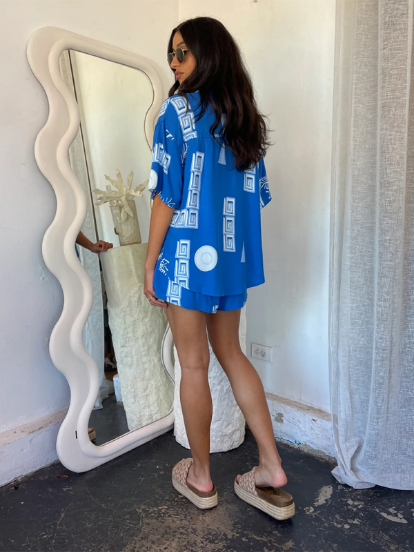 Women’s Fashion Printed Shirts Lounge Suits Printed Shorts Tie Elastic Casual Two-piece Set