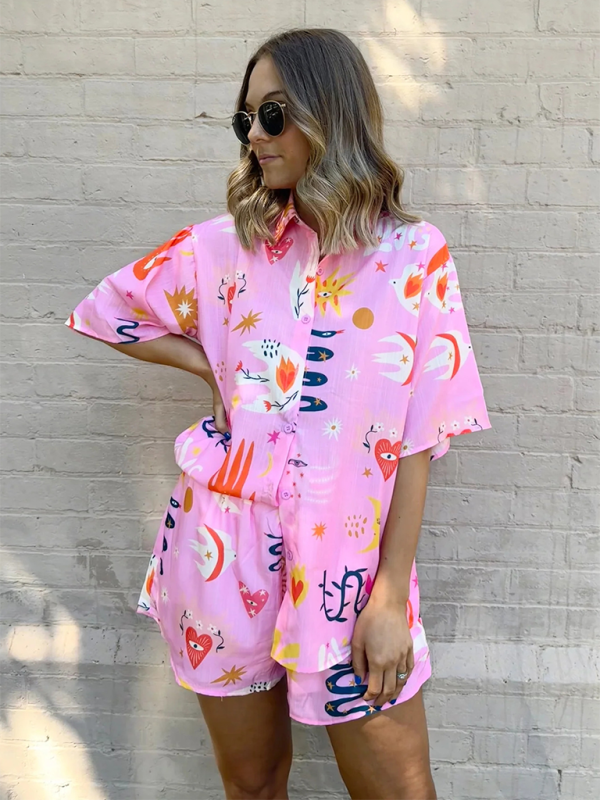 Women’s Fashion Printed Shirts Lounge Suits Printed Shorts Tie Elastic Casual Two-piece Set - Pastel pink / S