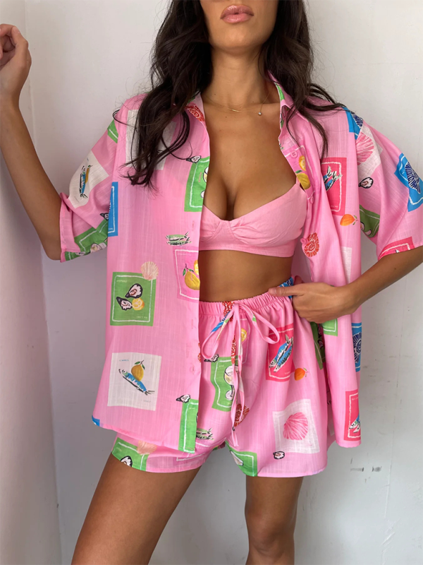 Women’s Fashion Printed Shirts Lounge Suits Printed Shorts Tie Elastic Casual Two-piece Set