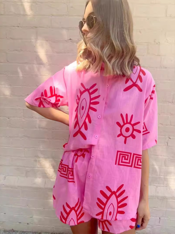 Women’s Fashion Printed Shirts Lounge Suits Printed Shorts Tie Elastic Casual Two-piece Set - Hot pink / S