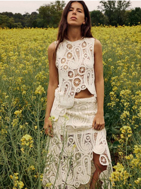 Women’s Fashion Retro Half-Slit Irregular Design Round Neck Sleeveless Vest + Skirt Set - White / FREESIZE