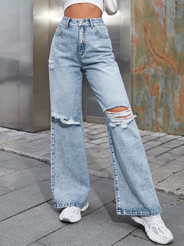 Women’s Fashion ripped high waist wide leg casual denim trousers