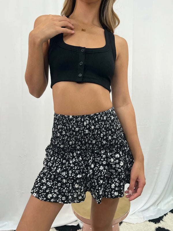 Women’s Fashion Ruffled Floral Half-length Pleated Skirt - Dark Gray / XS