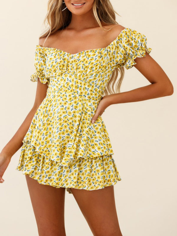 Women’s fashion sexy one-neck lantern lotus leaf short-sleeved printed jumpsuit - Yellow / XL