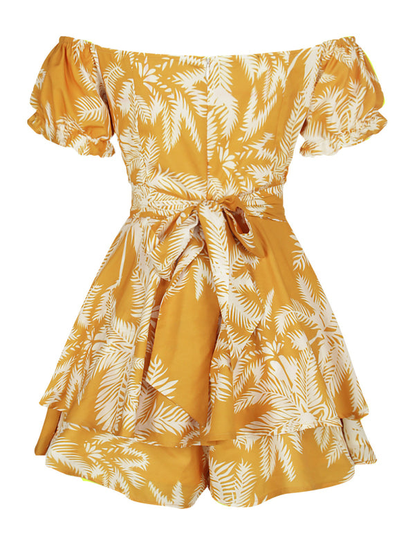 Women’s fashion sexy one-neck lantern lotus leaf short-sleeved printed jumpsuit