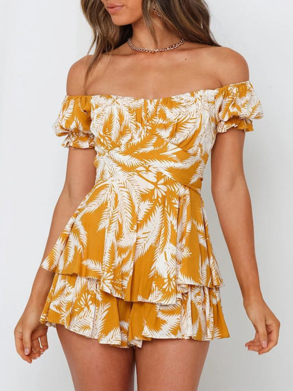Women’s fashion sexy one-neck lantern lotus leaf short-sleeved printed jumpsuit - Ginger yellow / S