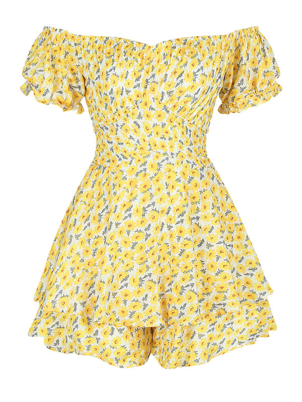 Women’s fashion sexy one-neck lantern lotus leaf short-sleeved printed jumpsuit