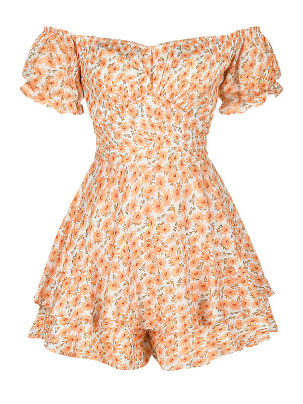 Women’s fashion sexy one-neck lantern lotus leaf short-sleeved printed jumpsuit