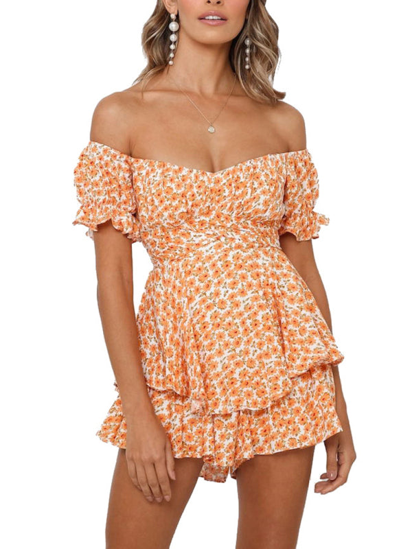 Women’s fashion sexy one-neck lantern lotus leaf short-sleeved printed jumpsuit - Orange / S