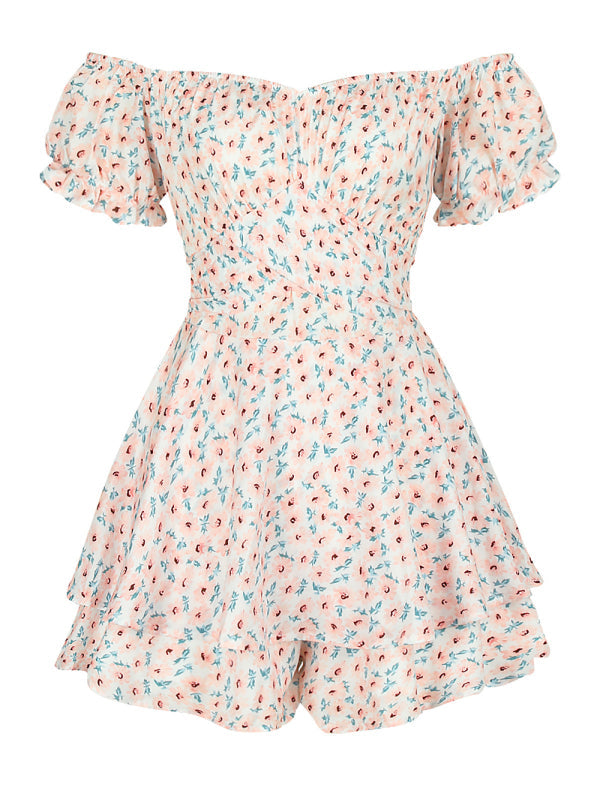 Women’s fashion sexy one-neck lantern lotus leaf short-sleeved printed jumpsuit