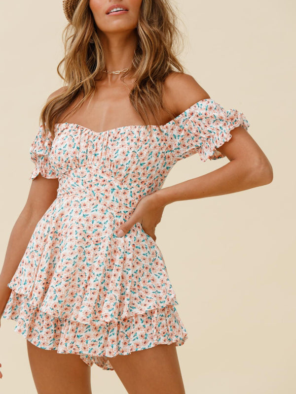 Women’s fashion sexy one-neck lantern lotus leaf short-sleeved printed jumpsuit - Pink / S