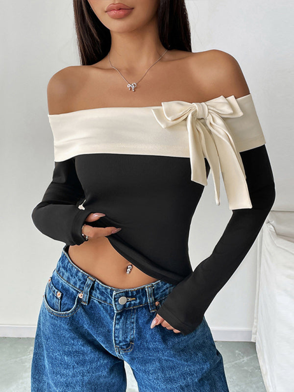 Women’s Fashion Short Tops Long Sleeve Foreign Trade Off-shoulder One-shoulder Collar Bowknot T-shirt
