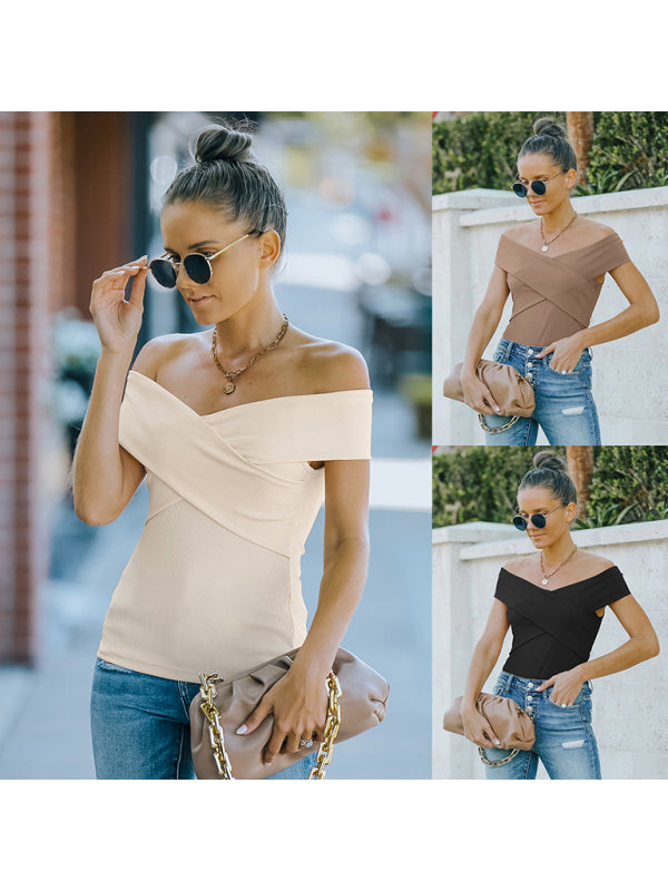 Women’s fashion skinny off shoulder top with slight elasticity and stylish criss-cross design