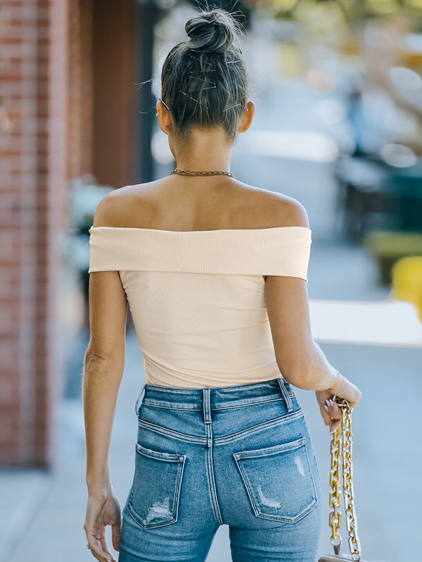 Women’s fashion skinny off shoulder top with slight elasticity and stylish design