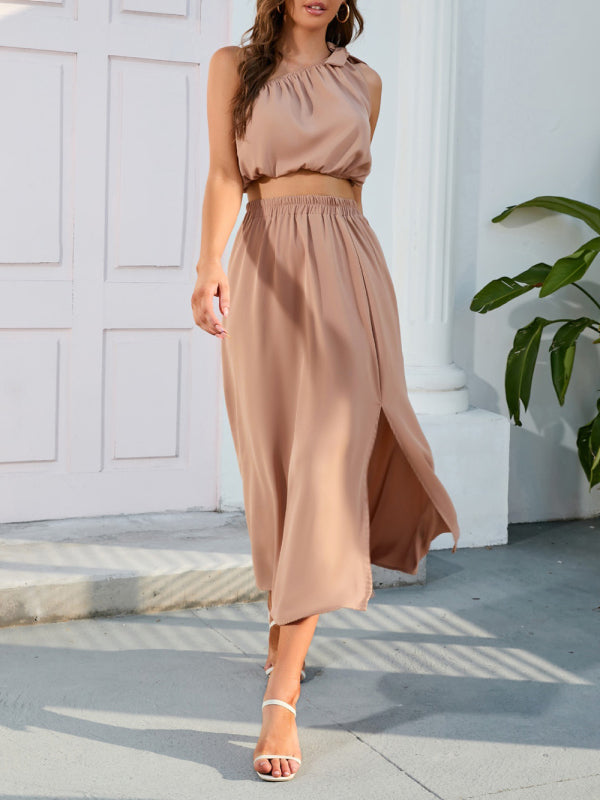 Women’s Fashion Slanted Shoulder Bow Knot Set Slit Large Swing Dress Two-Piece Set