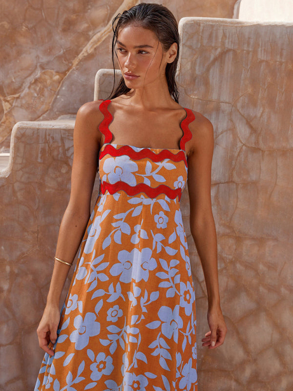 Women’s fashion suspender long printed long dress