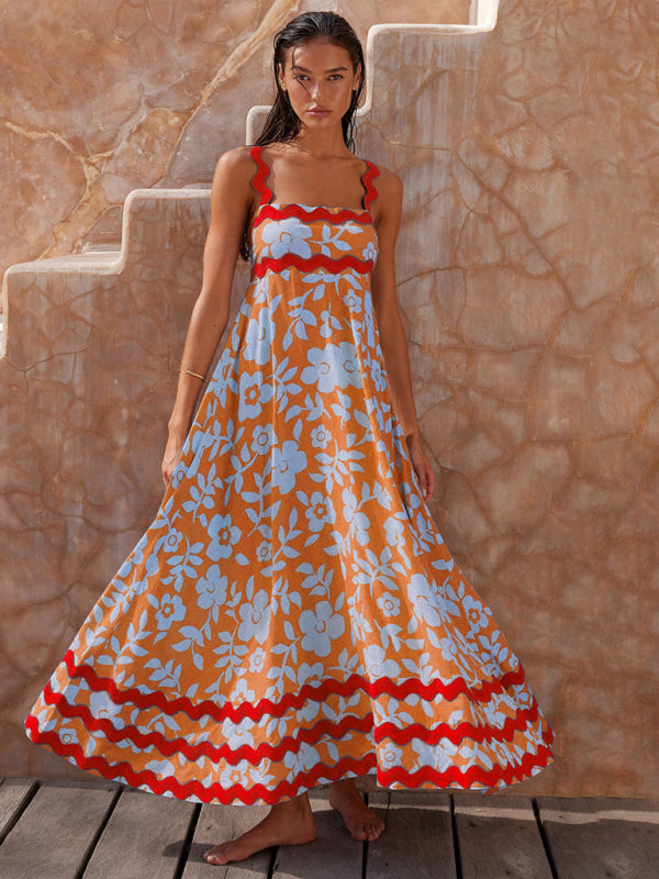 Women’s fashion suspender long printed long dress - Orange / S