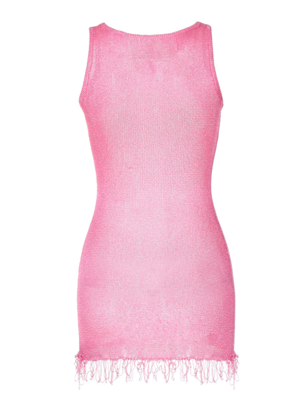 Women’s Fashion Tassel Skirt Sexy Round Neck Sleeveless Slim Fit Hip Dress