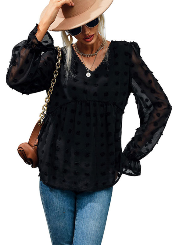 Women’s Fashion Tops Thin Loose V-Neck Long Sleeve Black Shirt