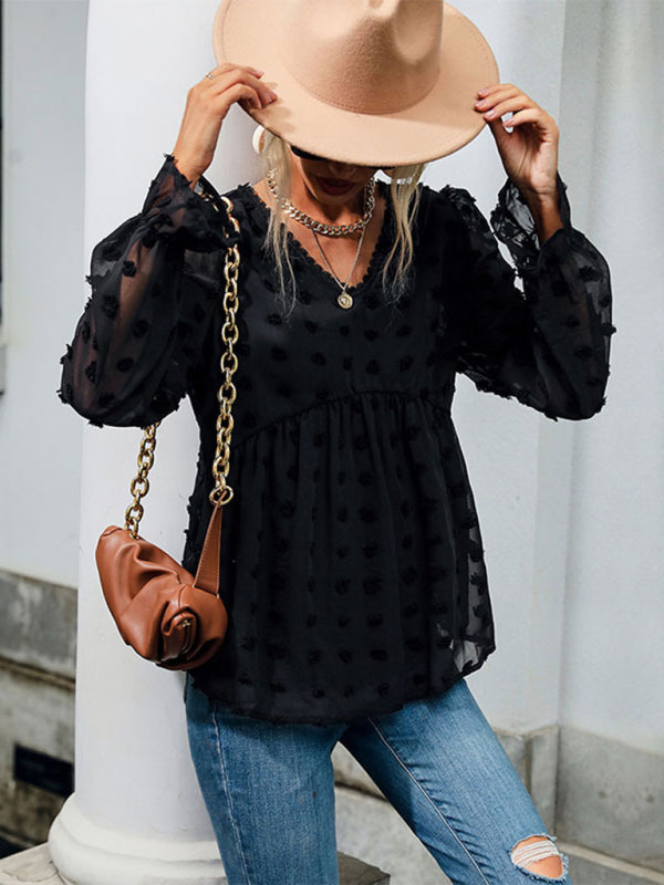 Women’s Fashion Tops Thin Loose V-Neck Long Sleeve Black Shirt - Black / S