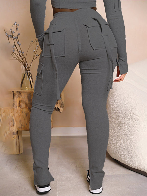 Women’s Fashion Trend Workwear Pocket Drawstring Waist Slit Trousers Casual Pants