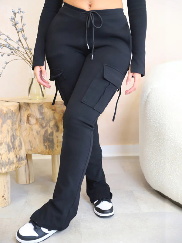 Women’s Fashion Trend Workwear Pocket Drawstring Waist Slit Trousers Casual Pants - Black / S