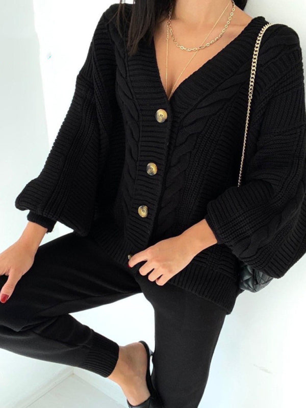 Women’s Fashion V-neck Solid Color Suit Sweater + Knitted Pants - Black / S