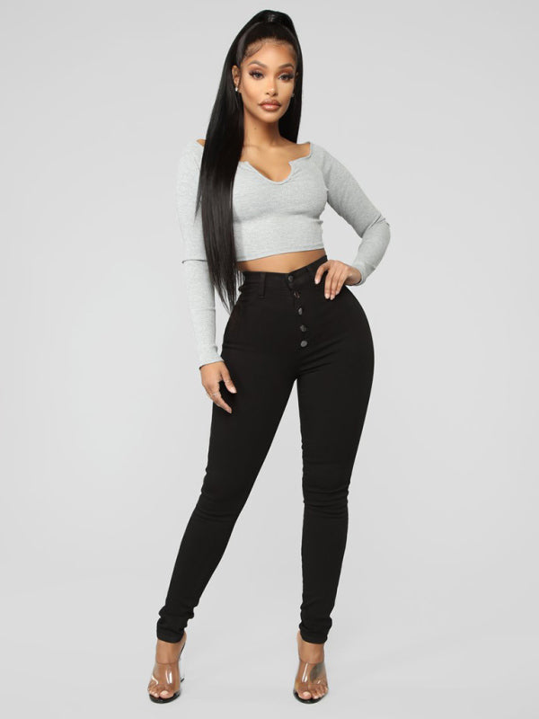 Women’s Fashion Versatile High Waist High Elastic Hip Lift Jeans - Black / S