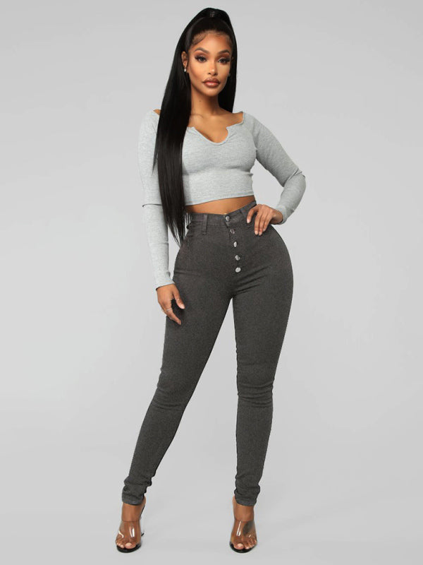 Women’s Fashion Versatile High Waist High Elastic Hip Lift Jeans - Grey / S