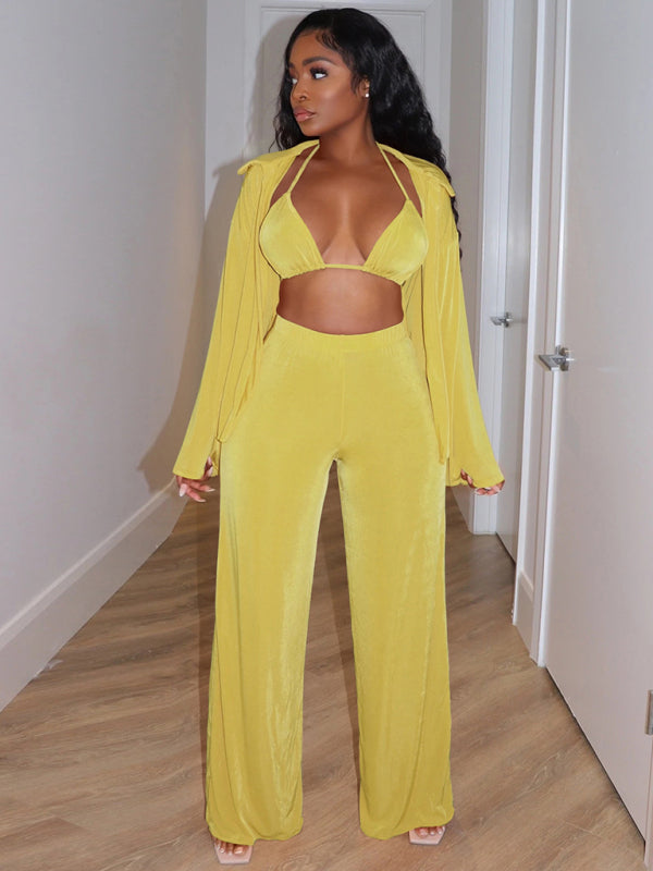 Women’s fashionable casual velvet warm suit - Yellow / S