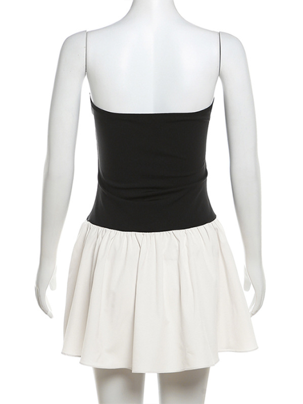Women’s Fashionable One-Neck Contrast Color Pleated Slim Fit Dress