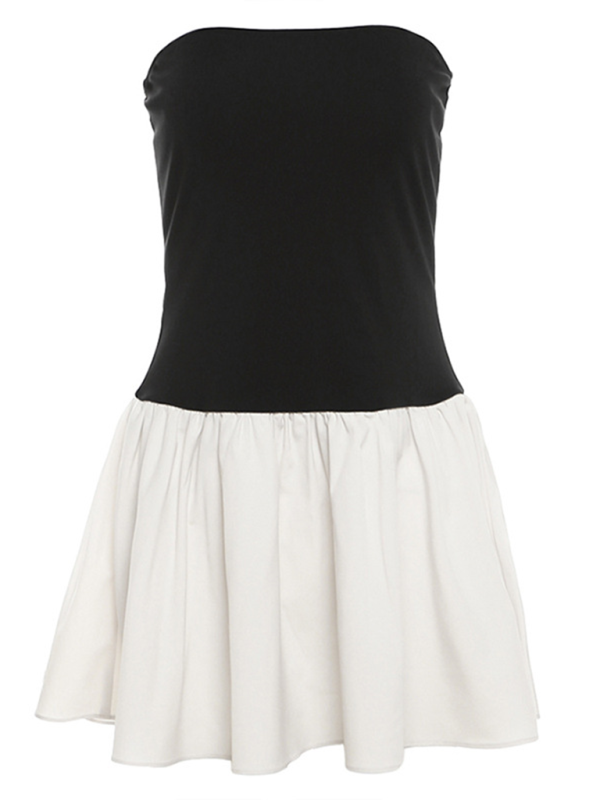 Women’s Fashionable One-Neck Contrast Color Pleated Slim Fit Dress