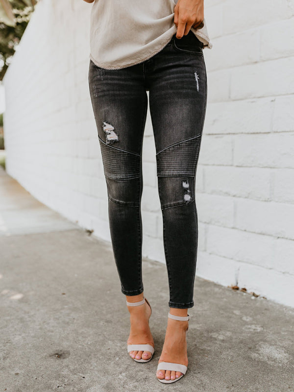 Women’s Fitted Pleated Destroyed Stretch Penny Jeans - Black / S