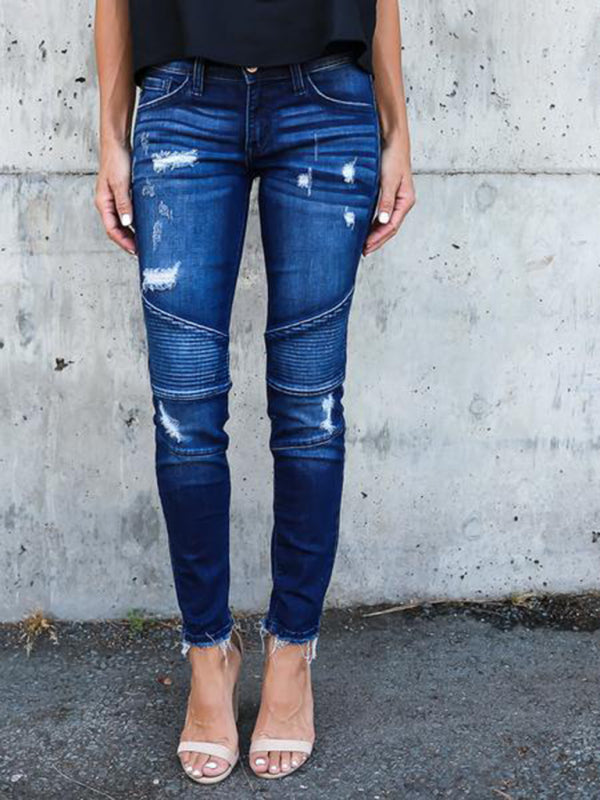 Women’s Fitted Pleated Destroyed Stretch Penny Jeans - Purplish blue navy / S