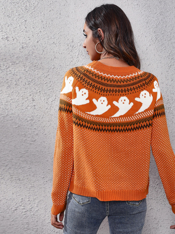 Women’s Halloween Ghost retro wave point long sleeve knitted sweater