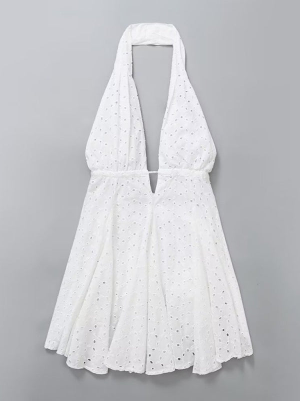 Women’s halterneck V-neck hollow embroidered backless strappy short dress - White / XS