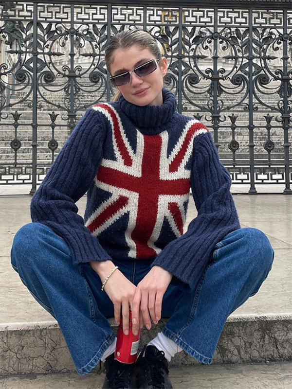 Women’s high collar flag sweater loose long sleeve outer wear woolen top - Blue / S