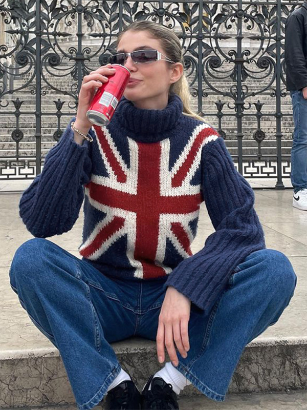 Women’s high collar flag sweater loose long sleeve outer wear woolen top