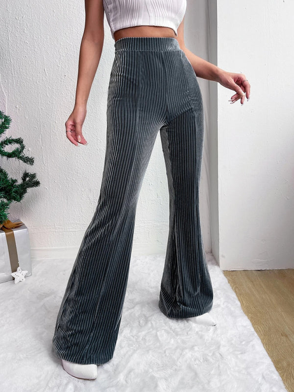 Women’s high waist corduroy flared pants solid color casual wide leg long sweatpants - Champlain color / S