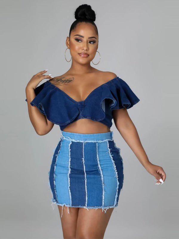 Women’s High Waist Patchwork Washed Pleated Denim Skirt - Blue / S