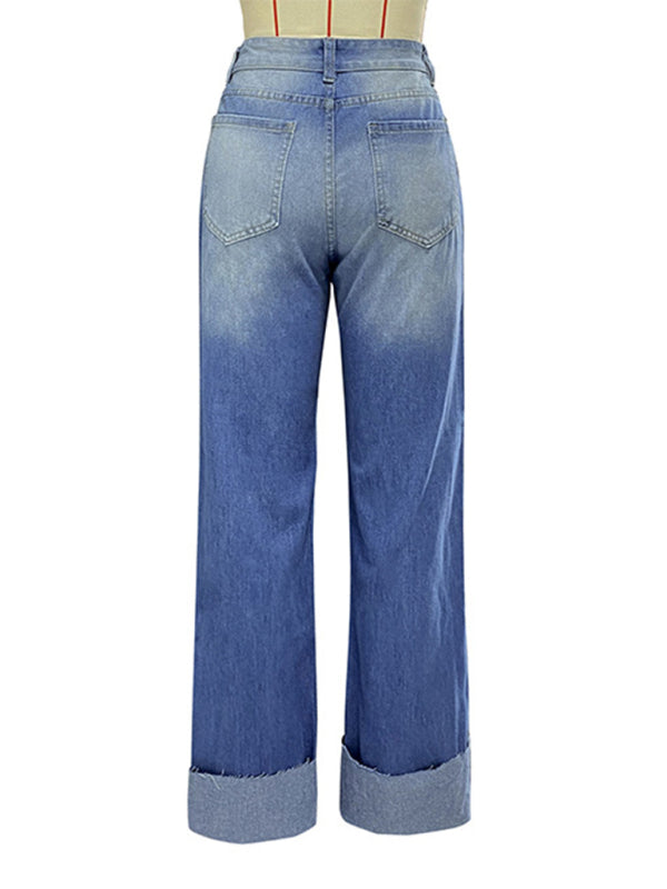 Women’s high waist ripped straight leg street style long jeans