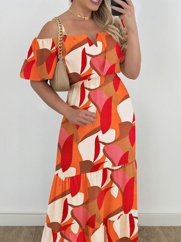 Women’s high waist stitching contrast color one shoulder short sleeve dress - Orange / S