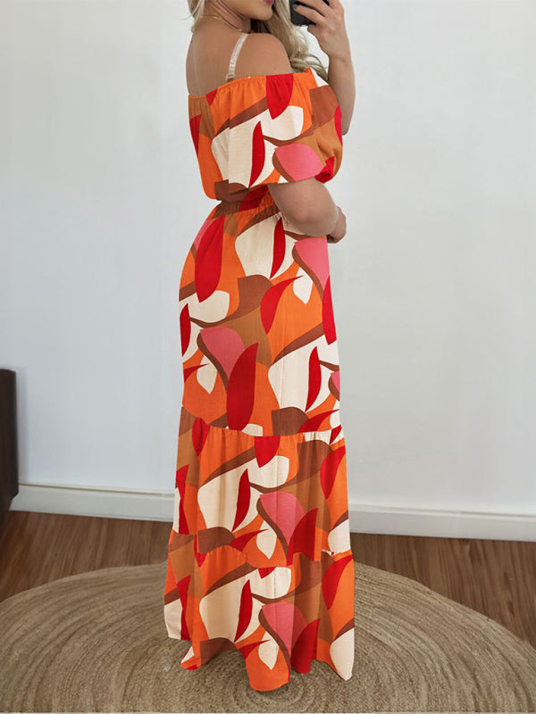 Women’s high waist stitching contrast color one shoulder short sleeve dress