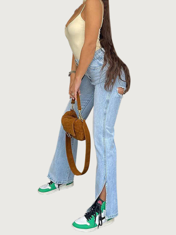 Women’s High Waist Stretch Ripped Hem Slit Jeans - Blue / S