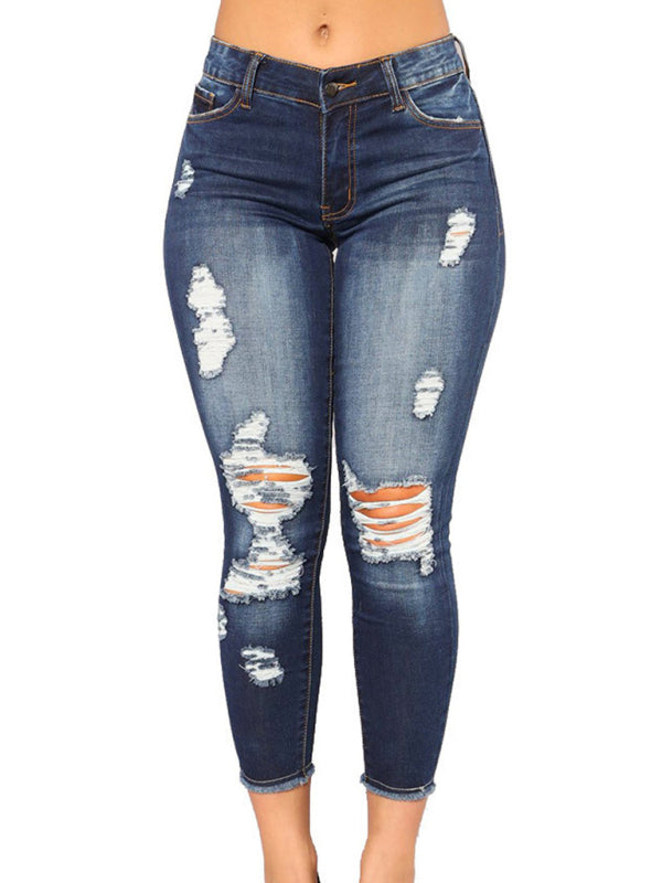 Women’s high waist stretch ripped jeans - Purplish blue navy / S