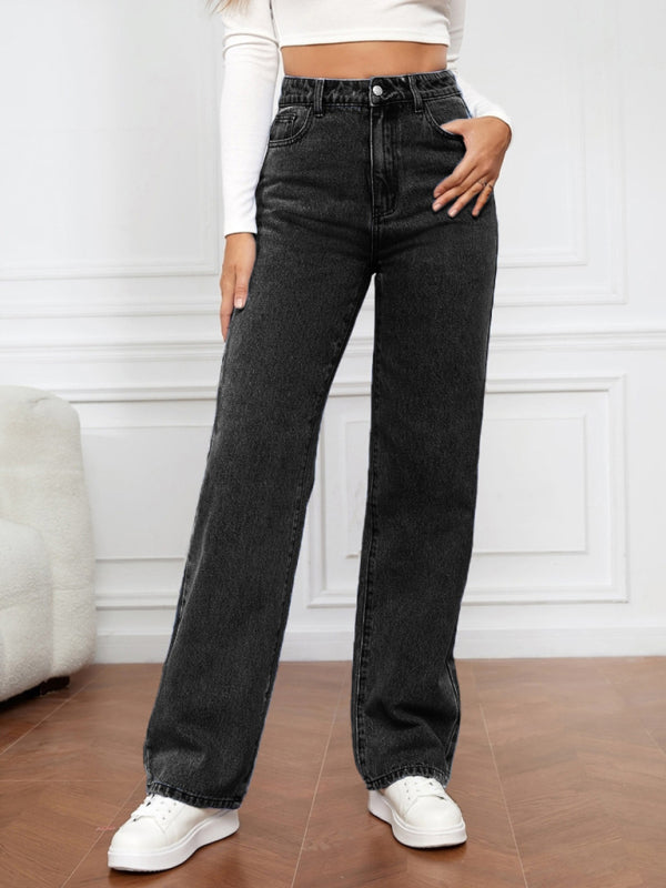 Women’s High Waist Washed Straight Leg Jeans - Black / S